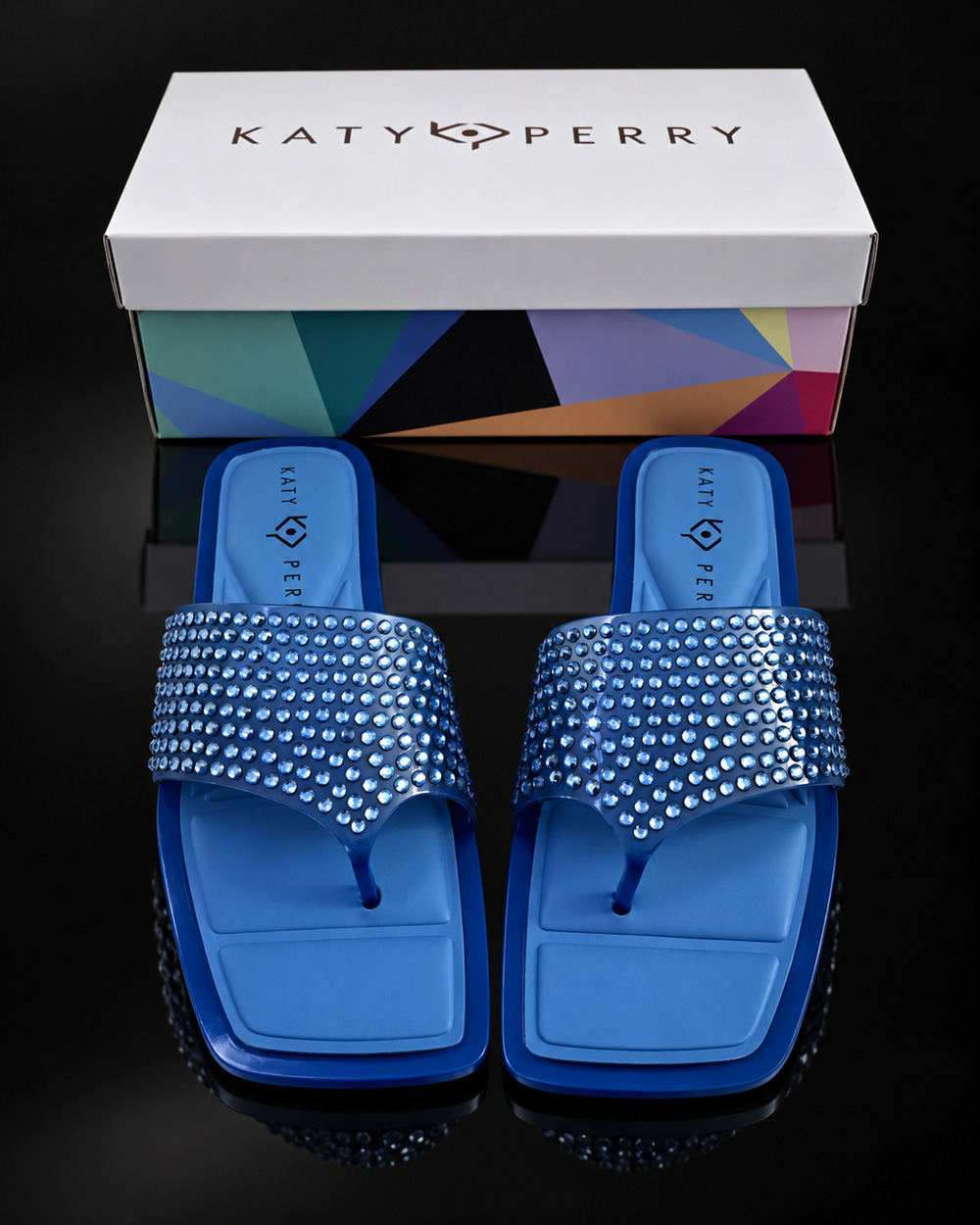 Katy Perry The Geli Slide Thong Sandals Womens 9M Tranquil Blue Rhinestone NIB